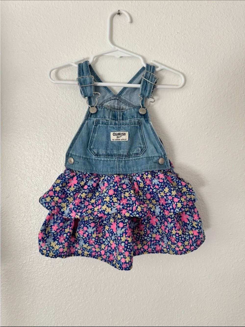 OshKosh Denim Floral Tiered Skirt Overalls - Blue & Pink size 12 months